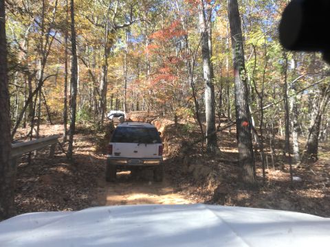 1979 Ford Bronco - A white SUV is driving on a dirt trail through a forest with autumn foliage. Another white SUV is visible further up the trail.