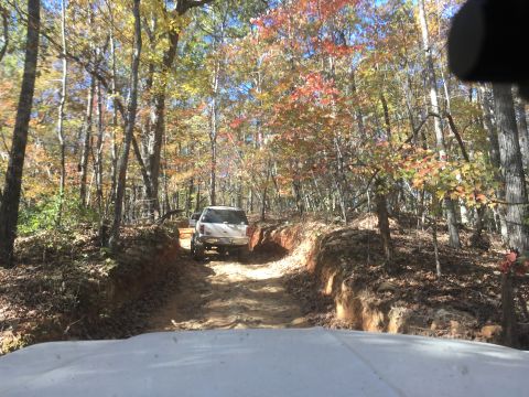 1979 Ford Bronco - A white SUV is driving on a dirt path through a forest with colorful autumn foliage. The view is from another vehicle's perspective, lookin…