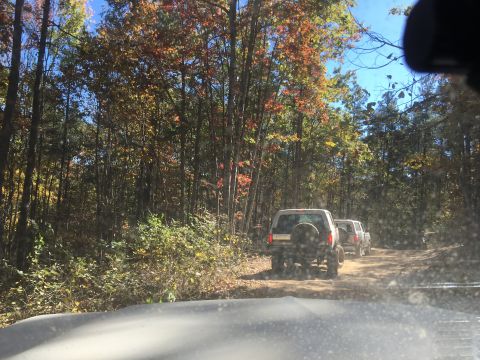 1979 Ford Bronco - A line of three off-road vehicles drives down a dirt road through a forest with autumn foliage. The lead vehicle is a white SUV with a spar…
