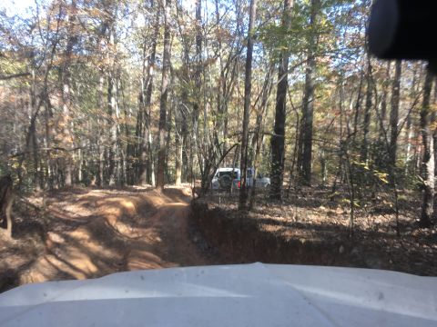 1979 Ford Bronco - Two white SUVs are parked on a dirt path in a wooded area. The path is rutted and appears to be an off-road trail.