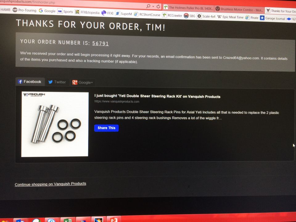 Computer screen showing an order confirmation for a Yeti Double Sheer Steering Rack Kit.