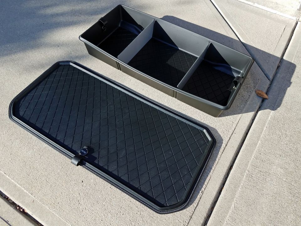 Black car trunk organizer and liner with diamond pattern and MINI logo