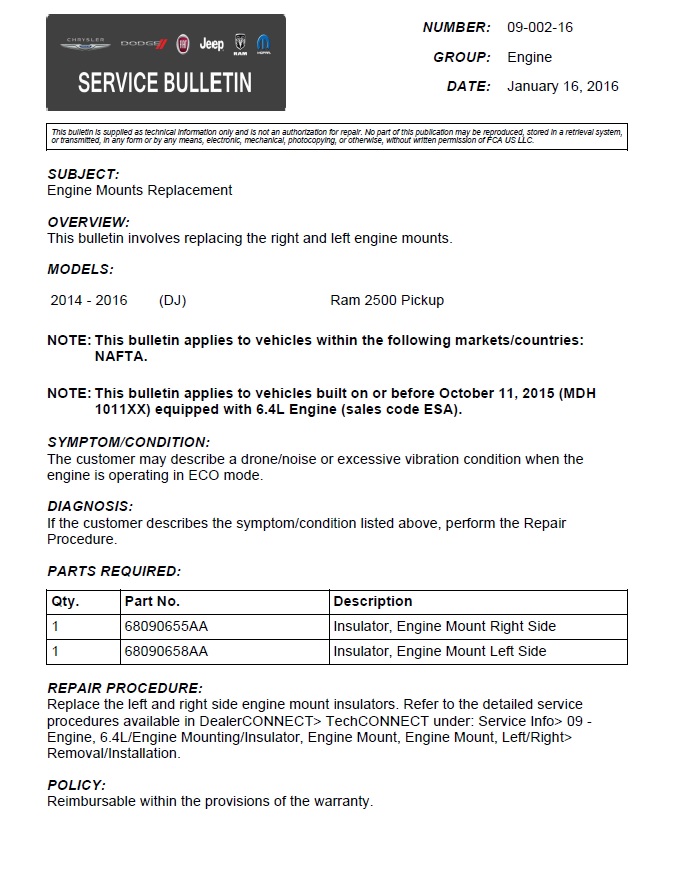 Service bulletin 09-002-16 engine mount replacement for 2014-2016 Ram 2500 Pickup 6.4L with parts table