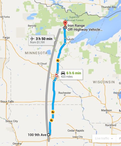 1979 Ford Bronco - This is a screenshot of a Google Maps route from 100 9th Ave to Iron Range Off-Highway Vehicle Recreation Area. The route is shown in blue…