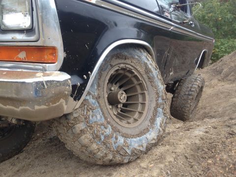 1979 Ford Bronco - Muddy 1979 Ford Bronco navigating a rough off-road terrain.