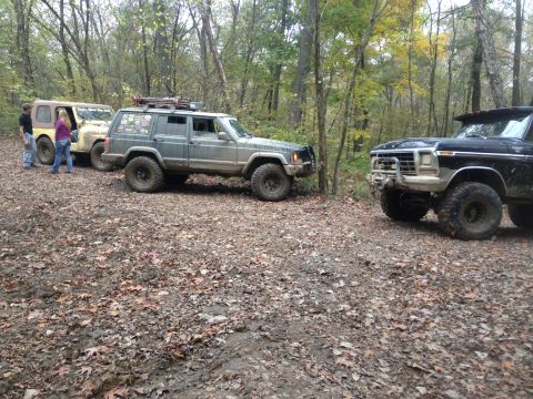 1979 Ford Bronco - A black 1979 Ford Bronco is parked off-road with other vehicles in a wooded area.