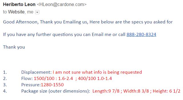 Email with technical specifications including displacement, flow, pressure, and package size