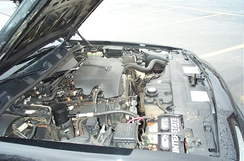 2001 Ford Crown Victoria - The engine bay of a 2001 Ford Crown Victoria is visible with the hood raised.