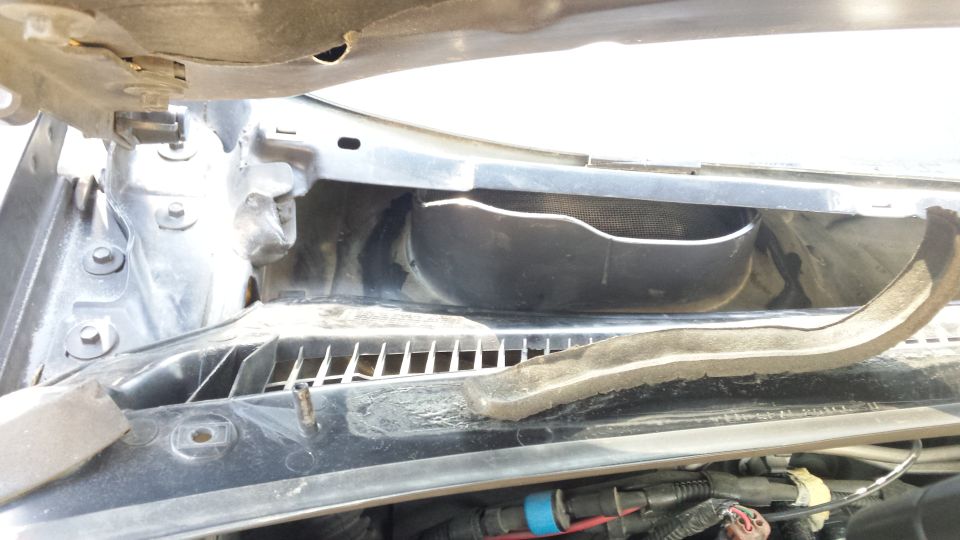 Windshield cowl area with black plastic housing and foam seal