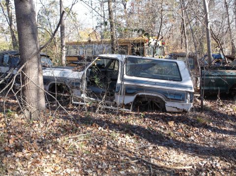 1974 Dodge Challenger - This abandoned pickup truck sits in a wooded junkyard, surrounded by debris and other vehicles.