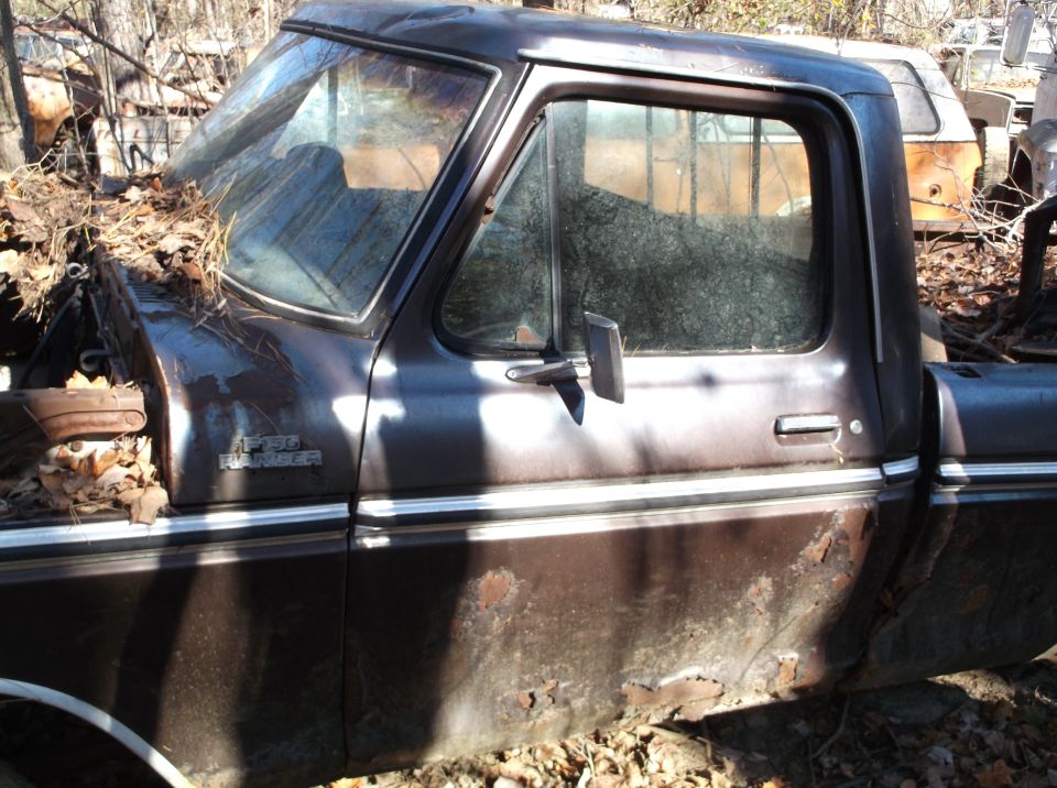 Side view of a rusty brown 1975 Ford F-150 Ranger pickup truck with leaves covering the hood