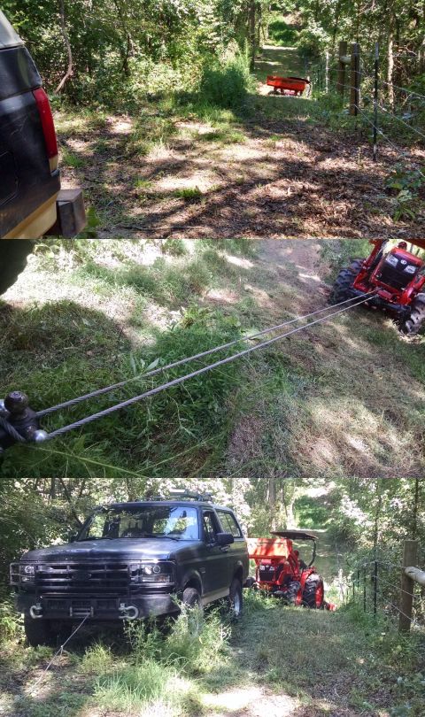 1983 Ford Bronco - A friend stuck his tractor bushhogging his way up a creek bank. He was to the side of the culvert, and against a fence, so he couldn't back…