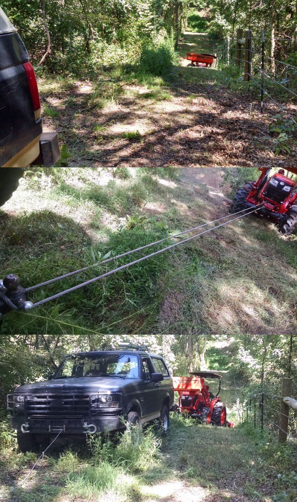 A friend stuck his tractor bushhogging his way up a creek bank.  He was to the side of the culvert, and against a fence, so he couldn't back up, or turn sharply either direction.  It took me about an hour to get to him (in another state), but it was relatively easy to winch up the hill with the tractor cabled onto the draw bar balls.  Since the draw bar is made to be a Lunette pintle, and since I wasn't snatching against the tractor, it's strong enough to be used this way safely.
