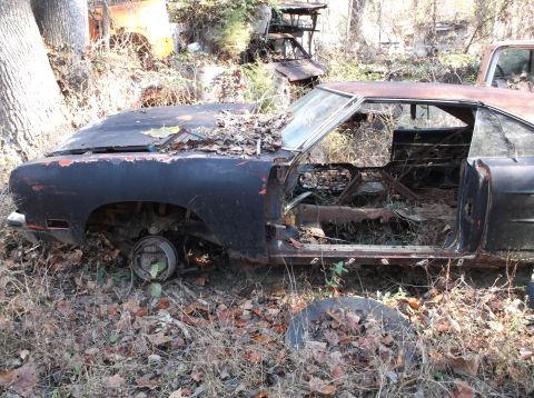 1974 Dodge Challenger - This weathered vehicle, likely a 1970s muscle car, sits abandoned amidst overgrown foliage and other discarded auto parts.