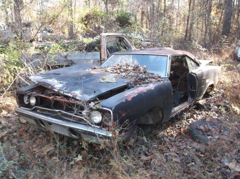 1974 Dodge Challenger - This abandoned 1969 Dodge Charger sits in a wooded area, showing significant decay and missing parts.