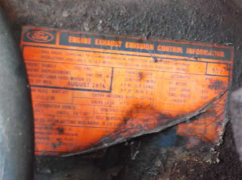 1974 Dodge Challenger - This sticker provides engine specifications and emission control information, manufactured in August 1974.