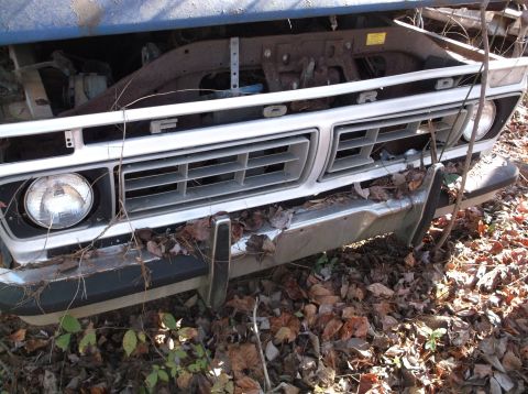 1974 Dodge Challenger - The grille of a vintage Ford truck, likely from the early to mid-1970s, sits weathered and overgrown with fallen leaves.