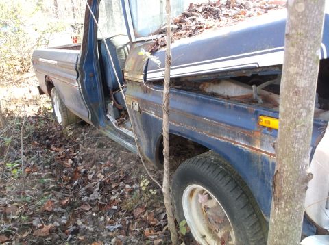 1974 Dodge Challenger - A rusty blue pickup truck sits abandoned in a wooded area, its driver's side door ajar.