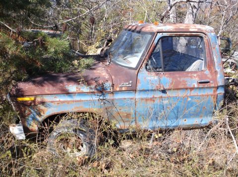 1974 Dodge Challenger - Abandoned blue pickup truck sits in a field of weeds, showing significant rust and decay.