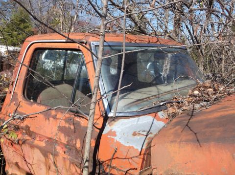 1974 Dodge Challenger - An old orange pickup truck sits abandoned and overgrown with branches, showing significant rust and wear.