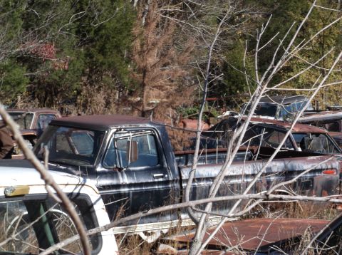 1974 Dodge Challenger - A weathered black pickup truck sits among other vehicles in a junkyard.