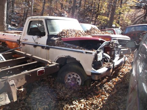 1974 Dodge Challenger - Abandoned pickup truck in a junkyard, surrounded by fallen leaves and other vehicles.