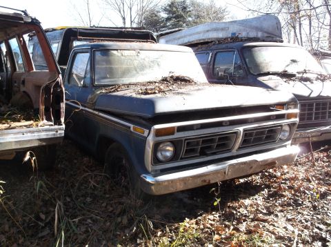 1974 Dodge Challenger - Junkyard scene with a 1973 Ford F-Series truck in the foreground.