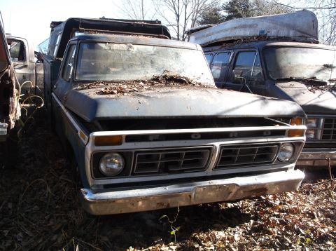 1974 Dodge Challenger - This old Ford pickup truck, likely a 1975 model, sits in a junkyard with debris on its hood.