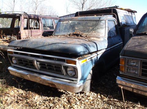 1974 Dodge Challenger - A blue 1975 Ford pickup truck sits in a junkyard next to other vehicles.