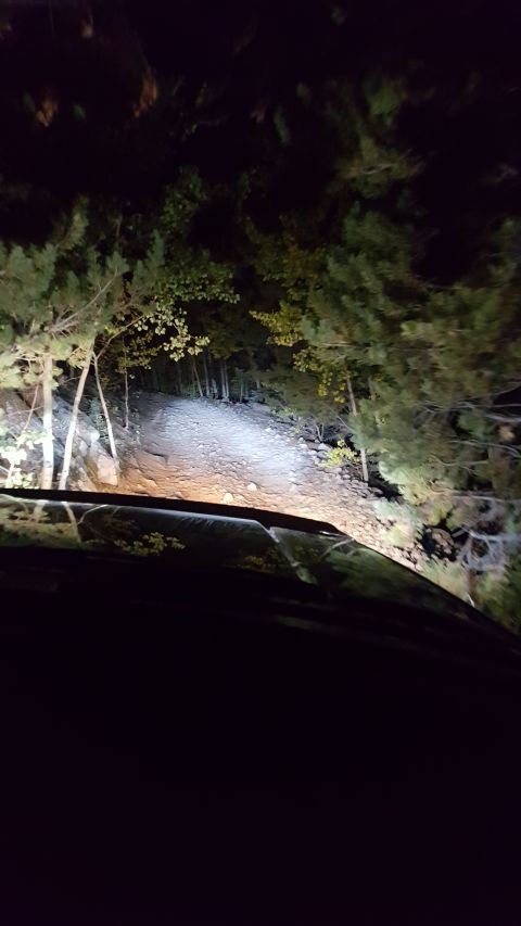 1996 Ford Bronco - Driving on a dirt road at night, illuminated by headlights.