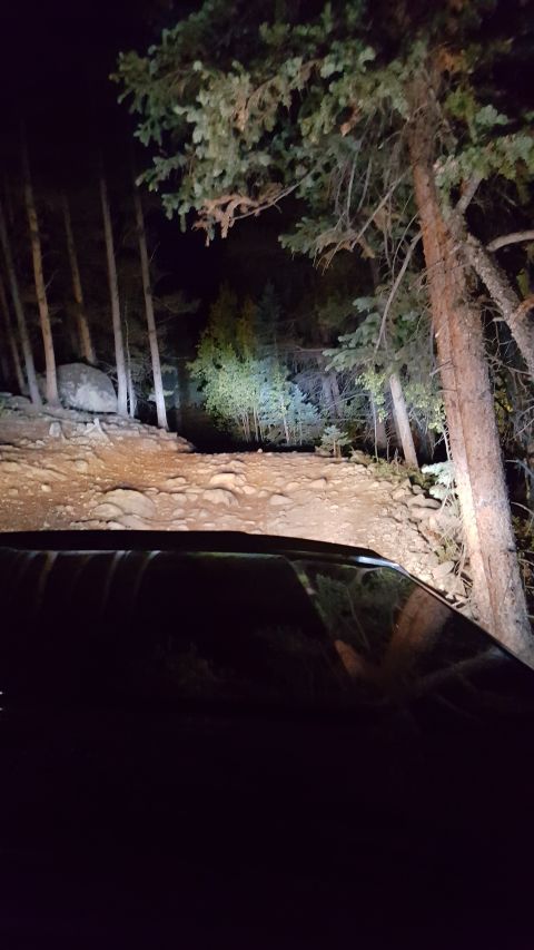 1996 Ford Bronco - Driving through a rocky forest road at night, illuminated by headlights.