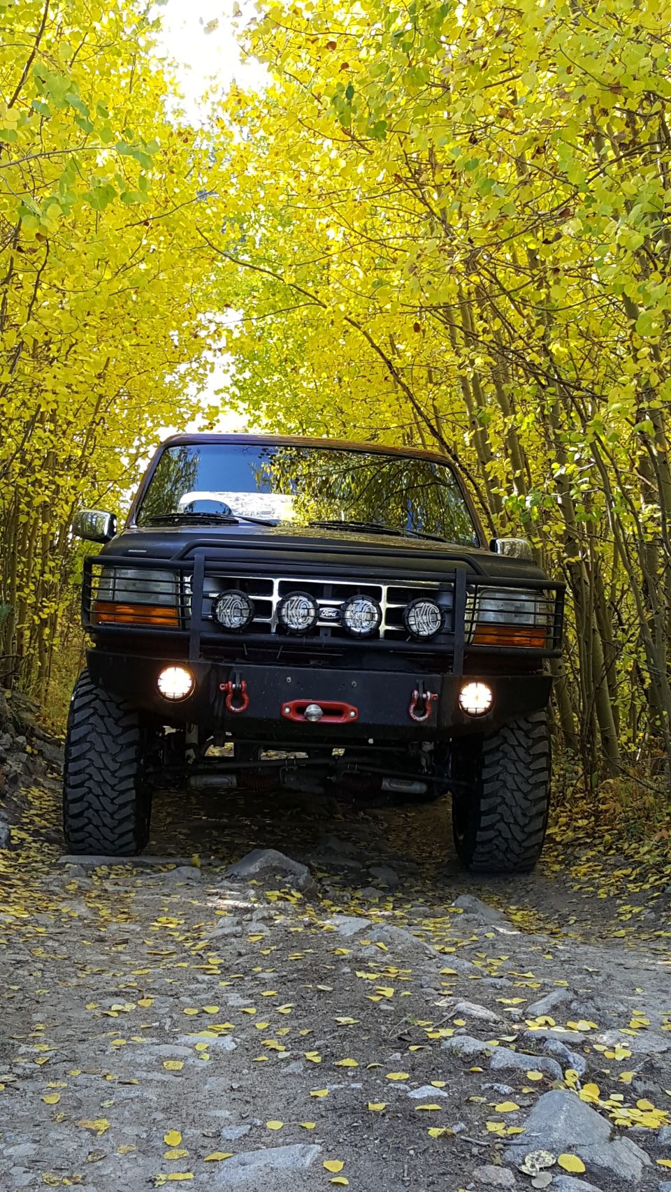Black 1996 Ford Bronco front view on a dirt road surrounded by yellow trees