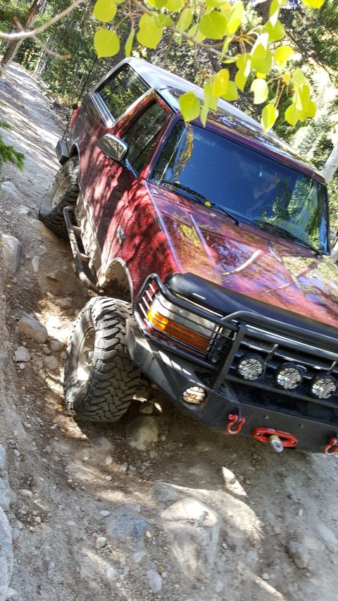 1996 Ford Bronco - This red SUV is navigating a challenging, rocky incline surrounded by trees and foliage.