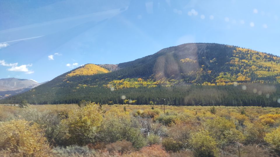 Mountain covered in trees showing fall colors, with yellow and green foliage. Blue sky with some clouds