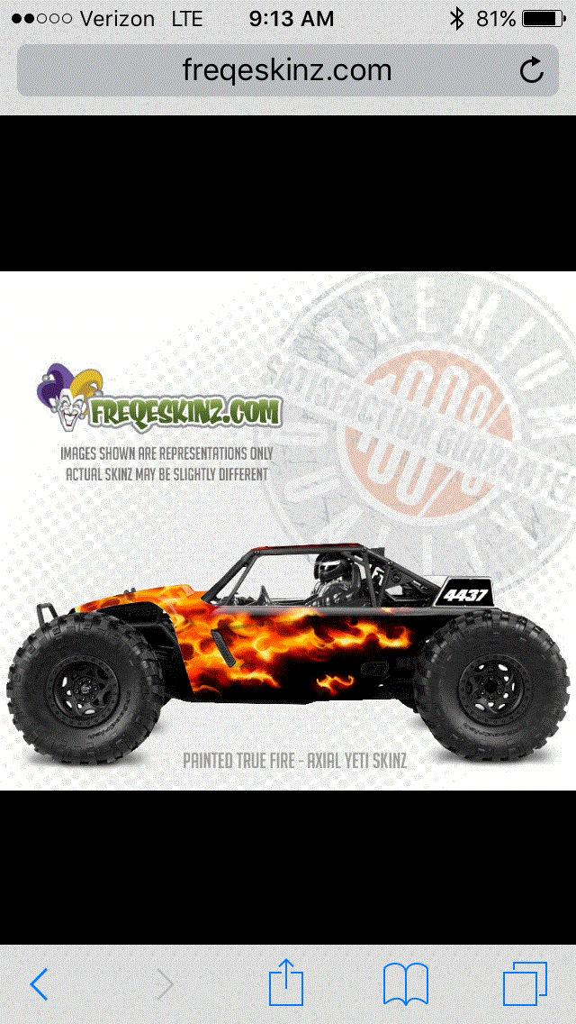 RC car with flame graphics and the number 4437 on the back. Text says 'Printed True Fire - Axial Yeti Skinz'