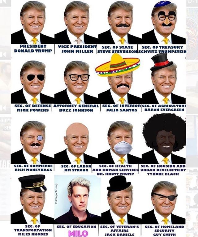 Collage of Donald Trump photoshopped with various accessories and labels