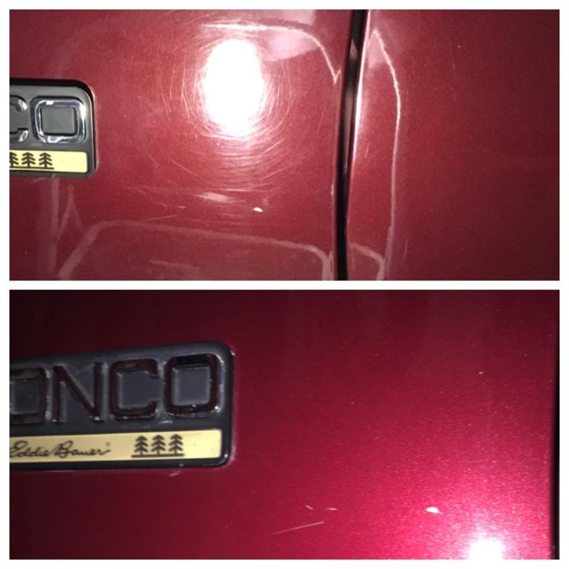 Red Ford Bronco Eddie Bauer badge with swirl marks and scratches, before and after paint correction