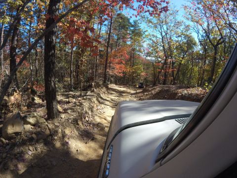 1979 Ford Bronco - Driving on a dirt trail through colorful autumn trees, with another vehicle ahead.