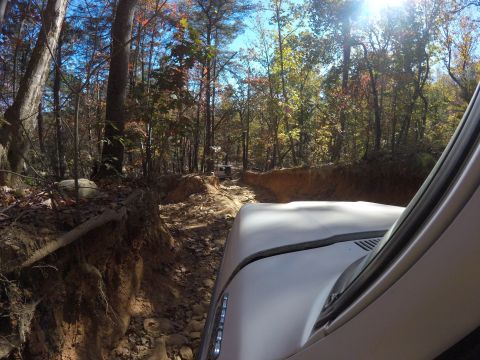 1979 Ford Bronco - A silver SUV navigates a rough, wooded trail with another vehicle visible in the distance.