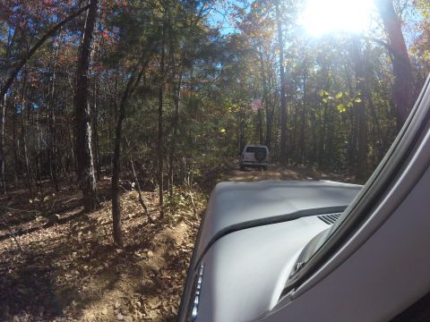 1979 Ford Bronco - Two SUVs navigate a forest trail during autumn.