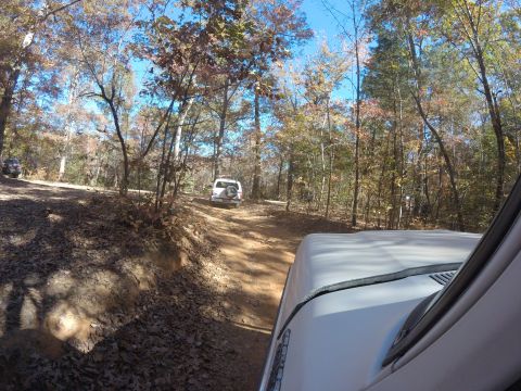 1979 Ford Bronco - Two SUVs navigate a wooded trail during autumn, with one vehicle in the foreground and another further up the path.