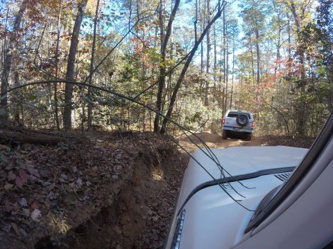 1979 Ford Bronco - Two Ford Broncos navigate a wooded trail during autumn.