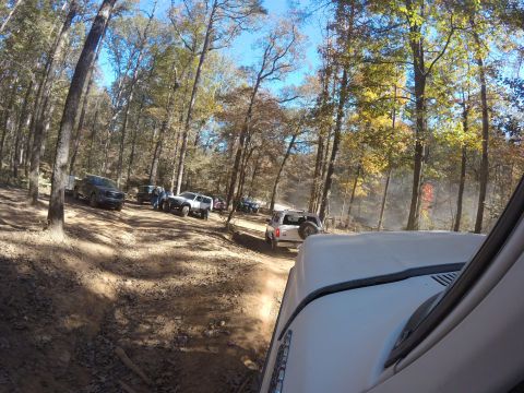 1979 Ford Bronco - Multiple off-road vehicles navigate a dirt path through a forest during autumn.