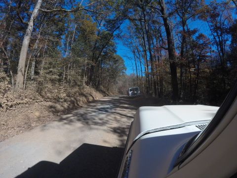 1979 Ford Bronco - A white 1979 Ford Bronco navigates a dusty dirt road through a wooded area, with another vehicle visible in the distance.