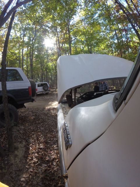 1979 Ford Bronco - Two Ford Broncos are parked on a dirt path in a wooded area, with one having its hood open.