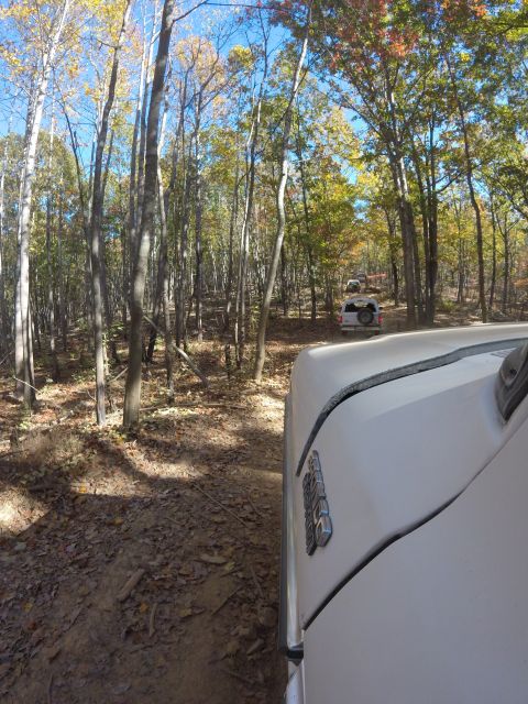 1979 Ford Bronco - A convoy of white Ford Broncos navigates a wooded trail during the fall season.
