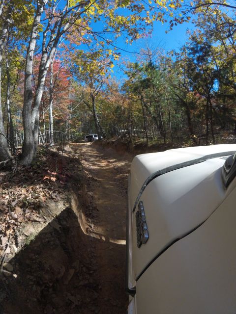1979 Ford Bronco - A white SUV navigates a dirt path through a forest ablaze with autumn colors, with another vehicle in the distance.