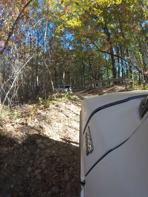 1979 Ford Bronco - A white 1979 Ford Bronco navigates a dirt path through a wooded area, with another vehicle visible ahead.