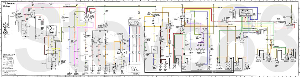 1972 Bronco Wiring Diagram
IF THE IMAGE IS TOO SMALL, click it.

Improved, corrected, & combined version of [url=http://seabiscuit68.tripod.com/]Seabiscuit[/url]'s colorized diagrams.  This is an early version - I may delete & re-upload it several more times with corrections, revisions, and additions. 

Before printing, click the image to make sure you have the largest version.