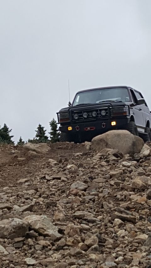 1996 Ford Bronco - A dark-colored Ford Bronco is parked on a rocky, off-road trail with pine trees in the background under an overcast sky. The vehicle featur…